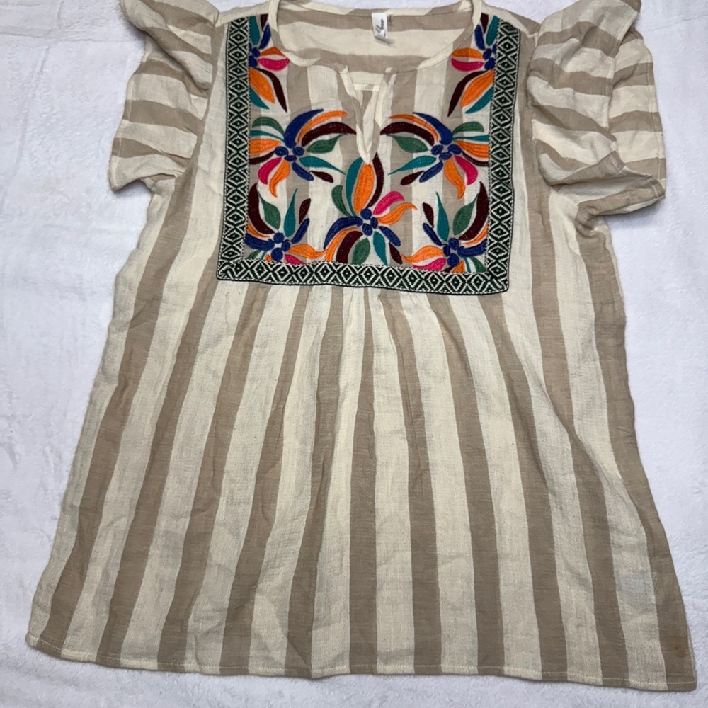 Boutique Size L Striped Beige Embroidered Women's Top